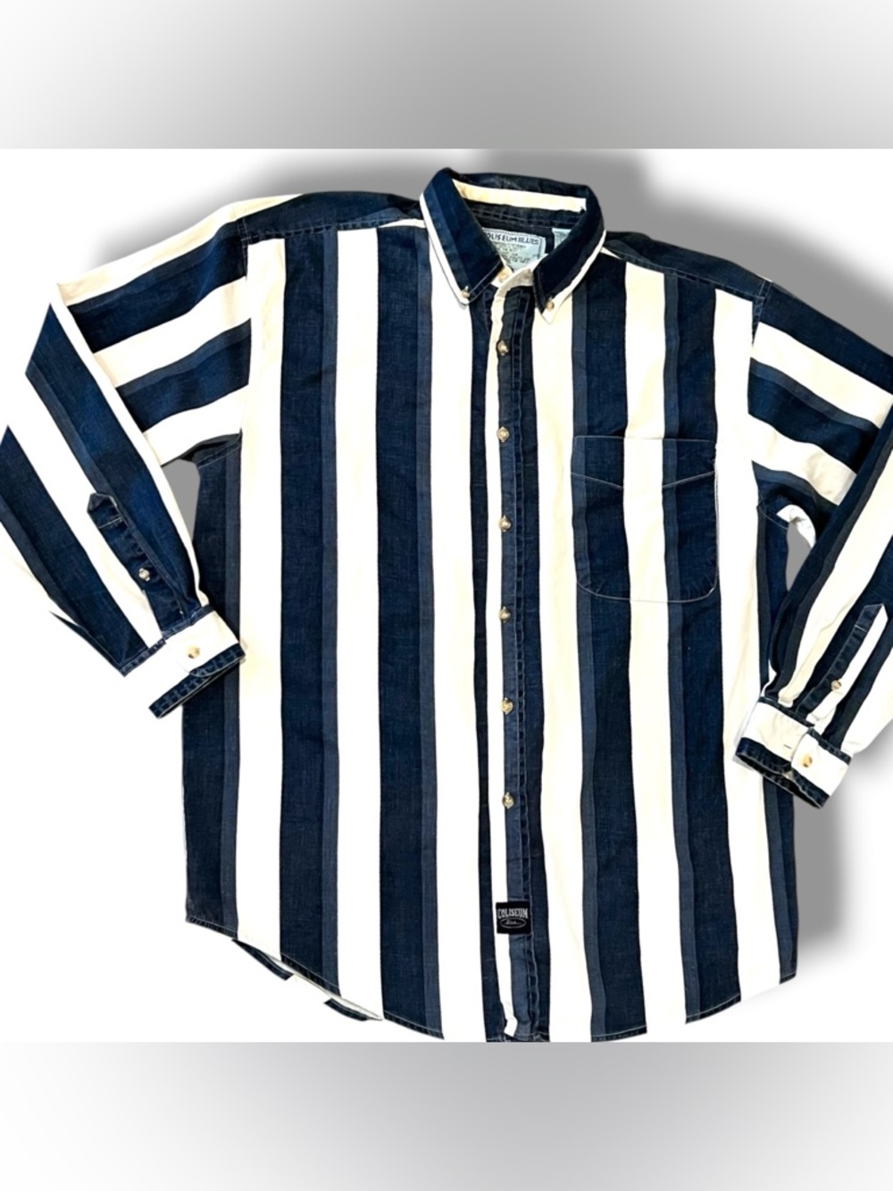 VTG 90s Coliseum Mens M Denim Vertical Blue White Stripe Button Down Shirt C-5